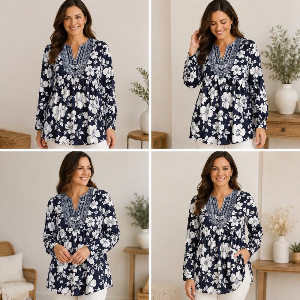 Charter Club Womens M Black White Floral Embroidered V Neck Tunic Top